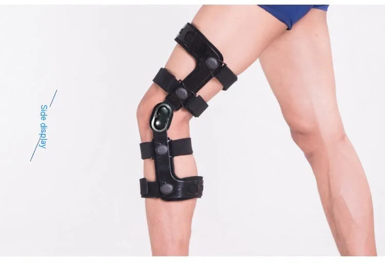 Black anterior ligament knee supporter with structural framework on brushed cloth background