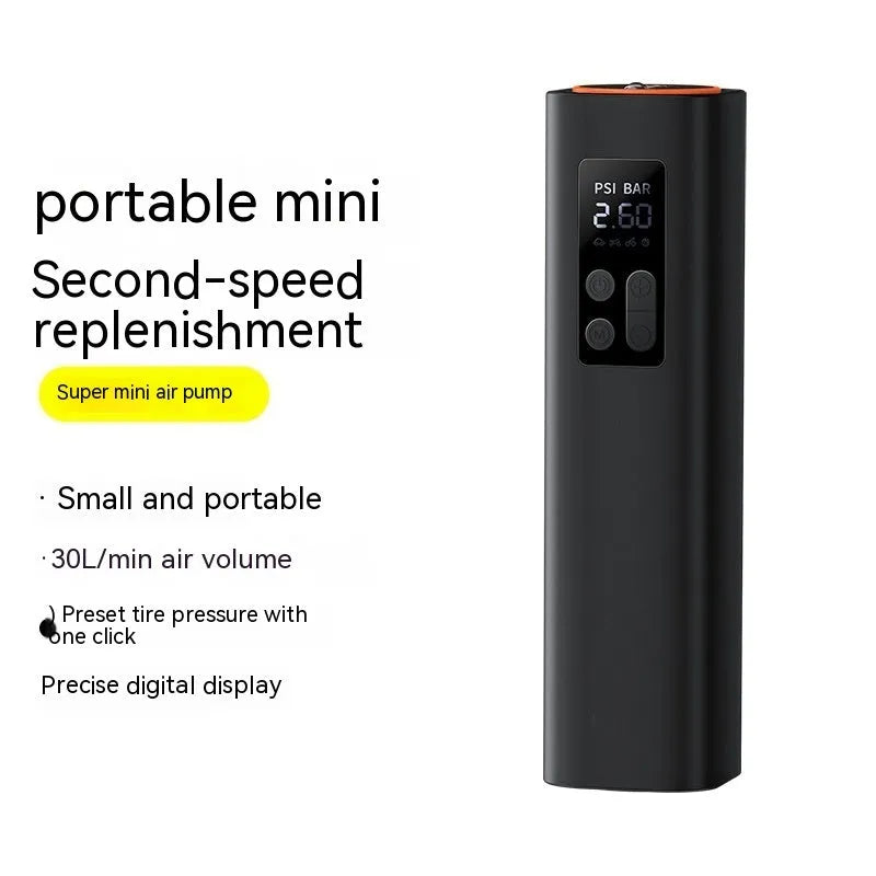 Black Super Mini digital car tyre inflator with LED display showing pressure readings
