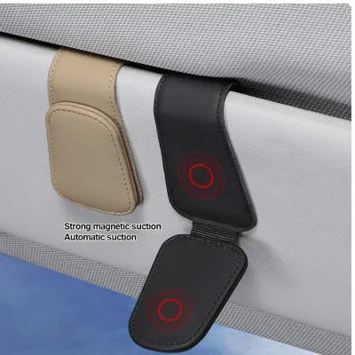 Car sunglasses holder with clip for sun visor mounting in PU leather