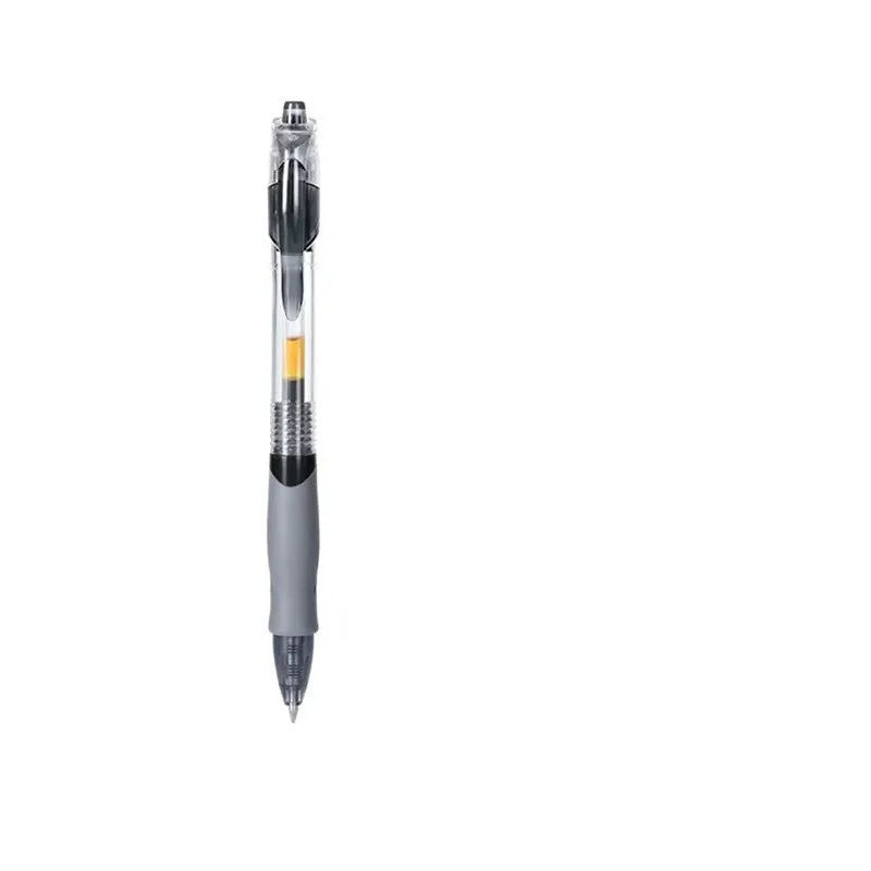 A gel pen with a 0.5mm tip and black, red, and blue ink refills on a desk.