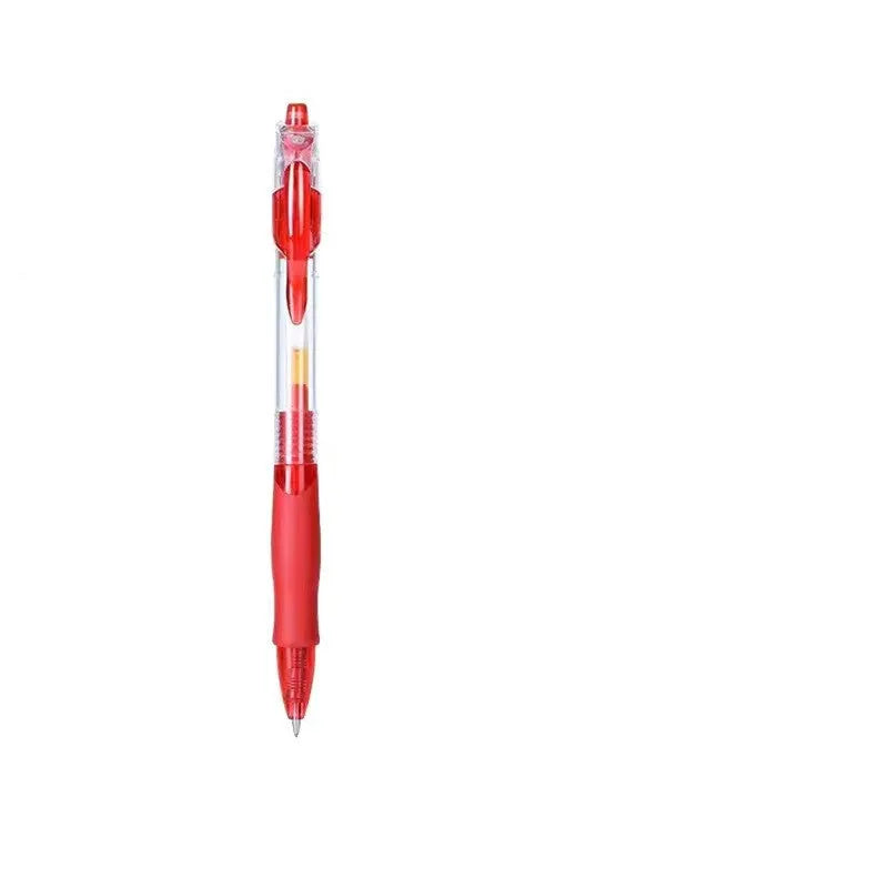 A neutral-coloured plastic gel pen with a 0.5mm tip, shown with black, blue, and red ink refills.