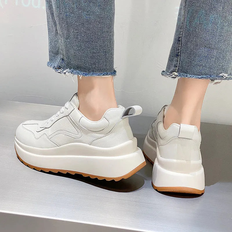 Beige women's cowhide leather casual shoes with low-top design and English muffin heel.