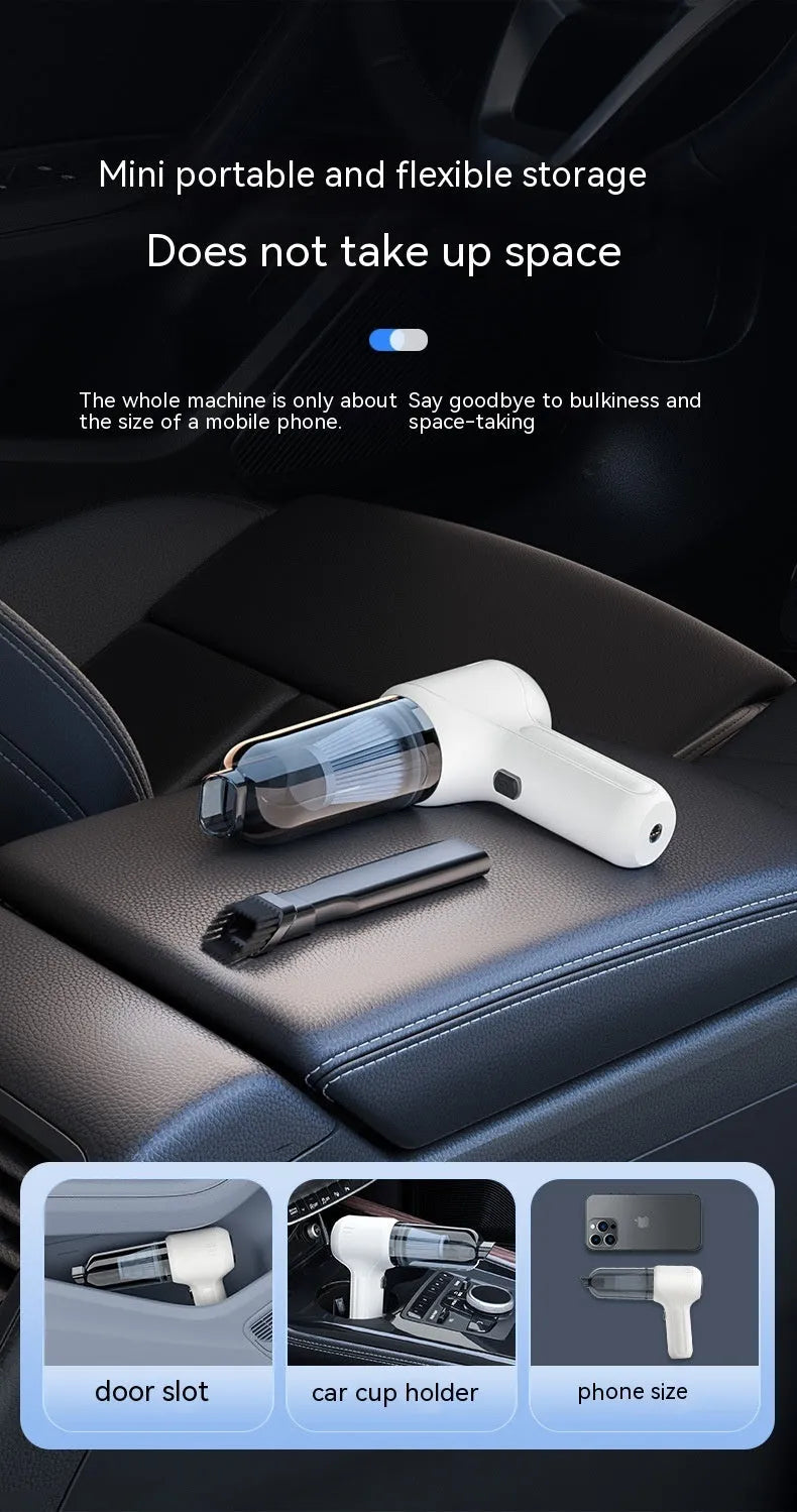 Black wireless wet and dry car vacuum cleaner with multiple nozzle attachments on a white background.
