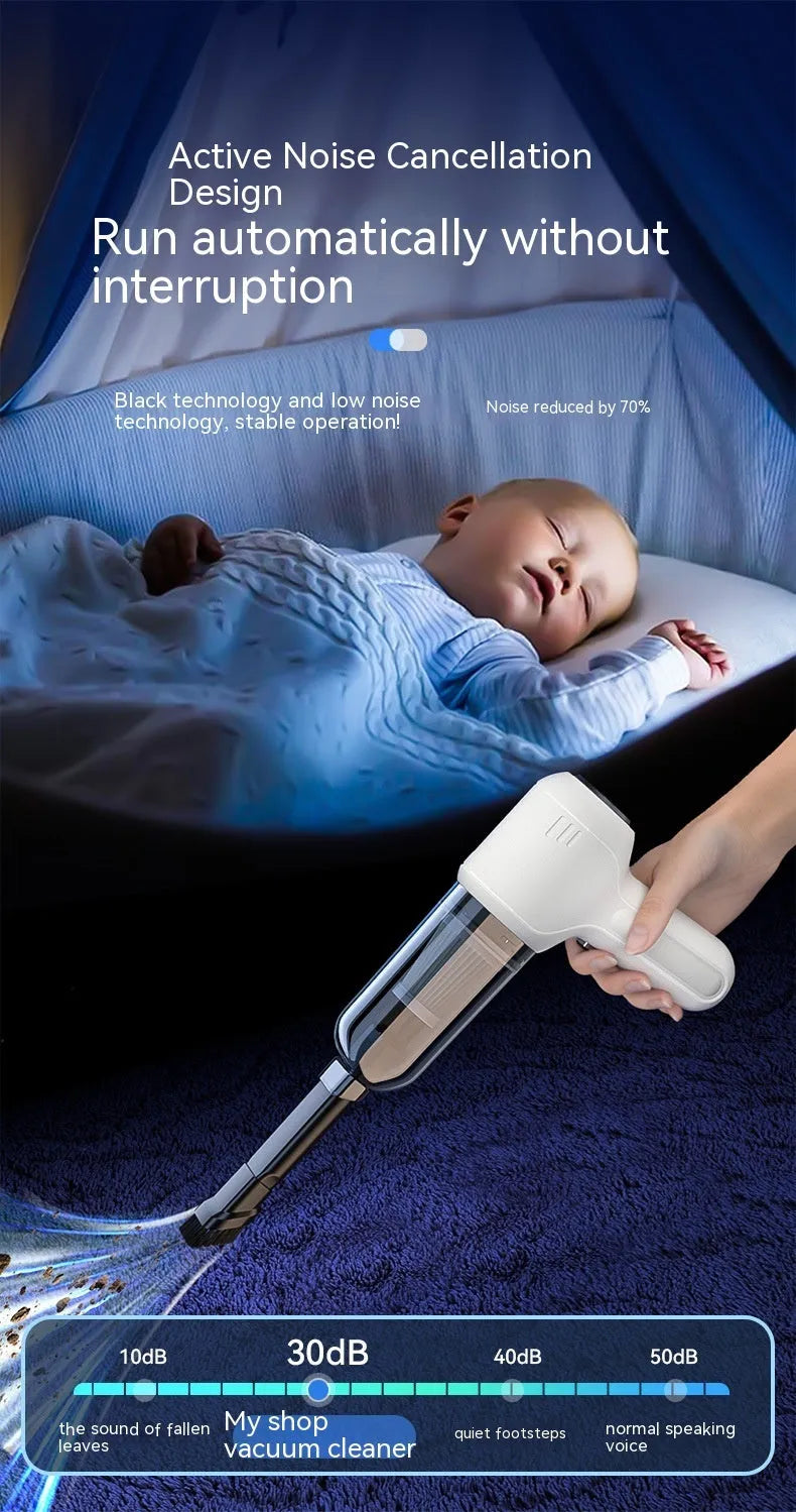 Black wireless wet and dry car vacuum cleaner with multiple nozzle attachments on a white background.