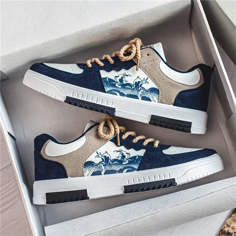 Men's casual leather shoes in solid colour blue with artificial PU upper, side view