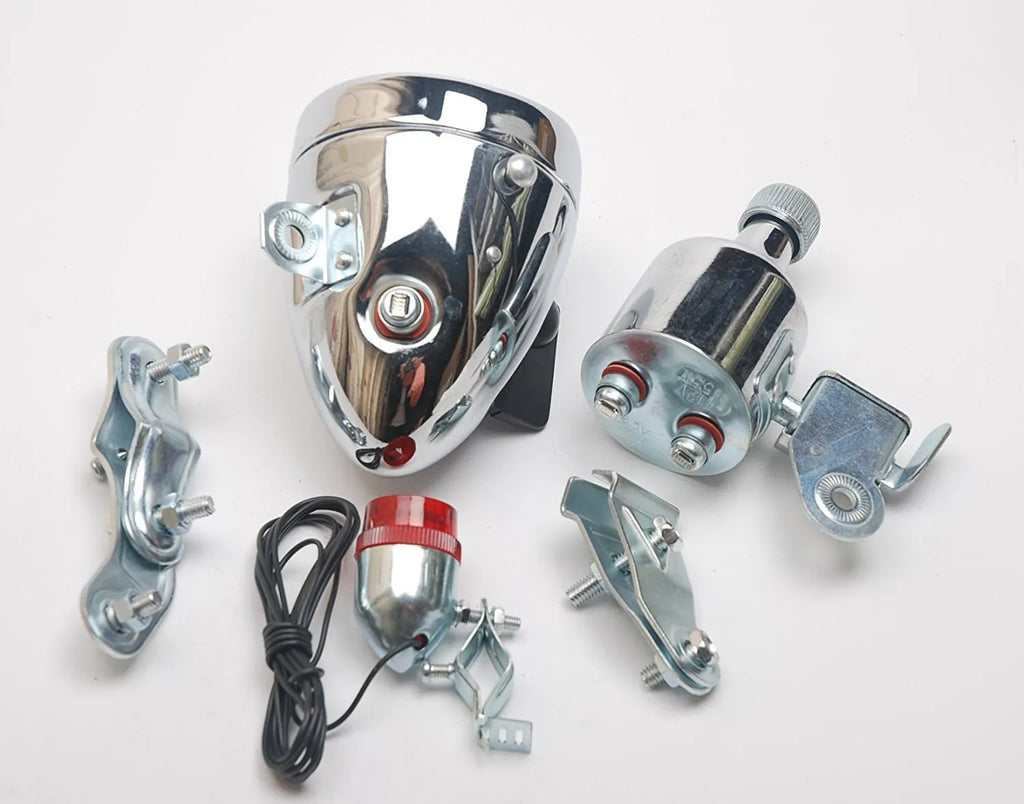 Silver bicycle dynamo generator light modification kit with wiring for headlight and tail light connections.