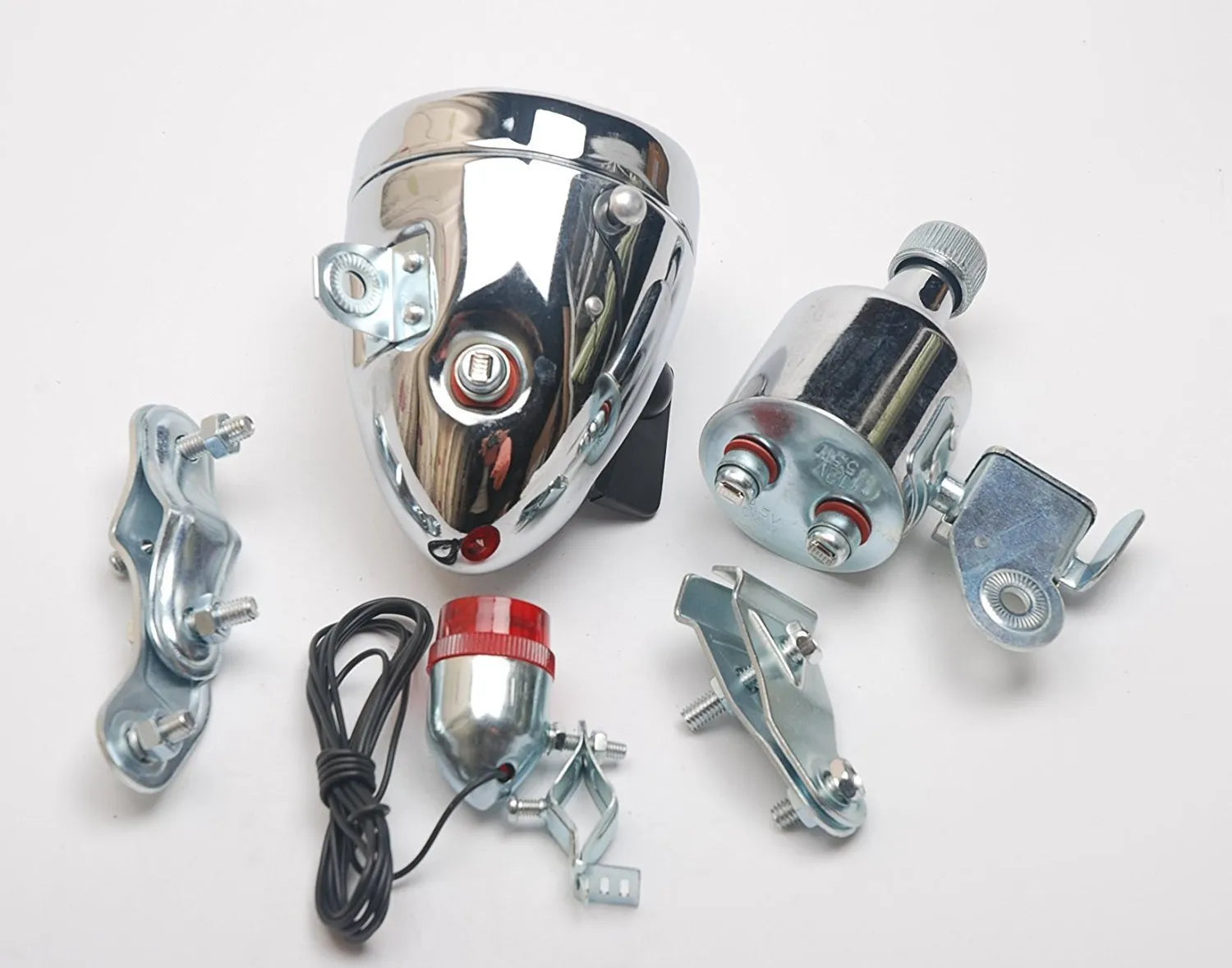 Silver bicycle dynamo generator light modification kit with wiring for headlight and tail light connections.