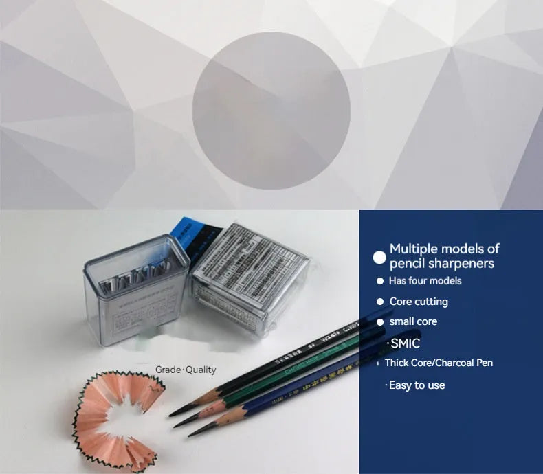 Geometric plastic pencil sharpener with four different sized sharpening holes.