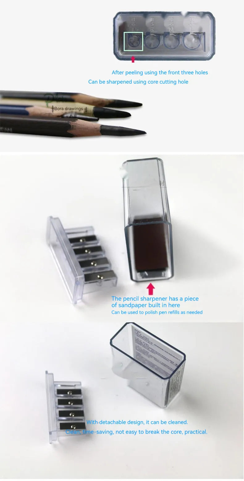Geometric plastic pencil sharpener with four different sized sharpening holes.