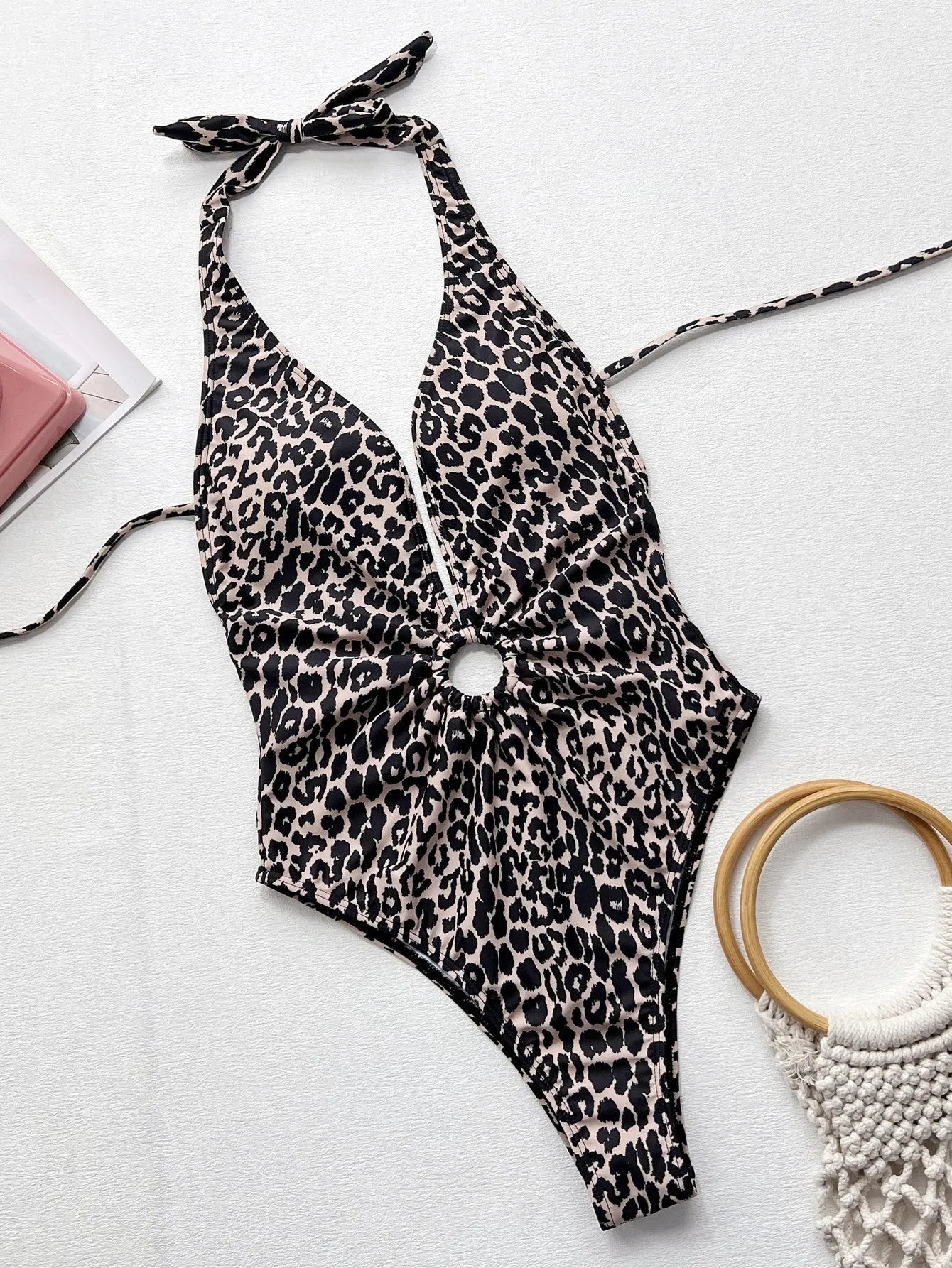 Leopard print one-piece swimsuit for women with a hollow-out ring design at the bikini area