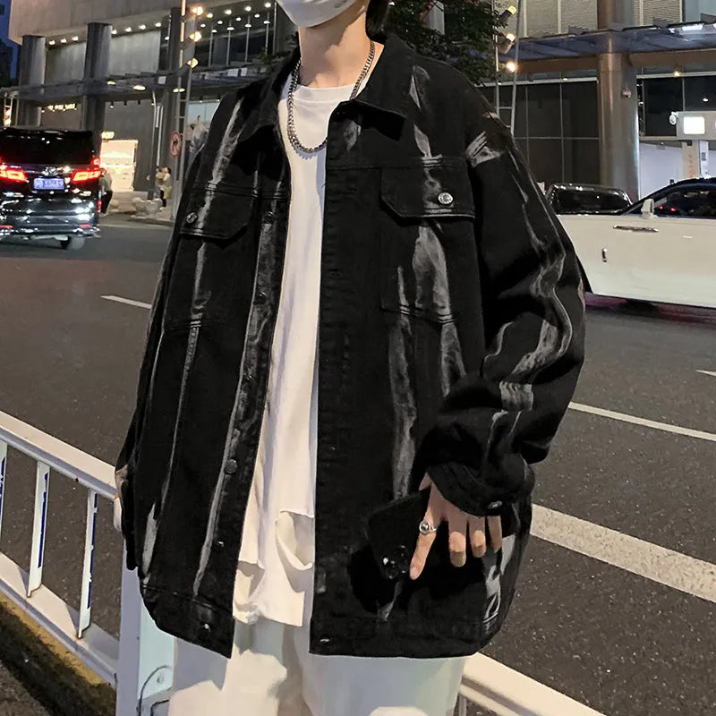 Men's loose-fit tie-dye denim coat in gray with side pockets, autumn style, Hong Kong influence