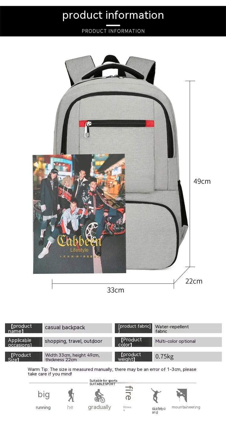 Light grey insulated Oxford cloth backpack with curved shoulder straps, shown with its pull rod belt accessory.