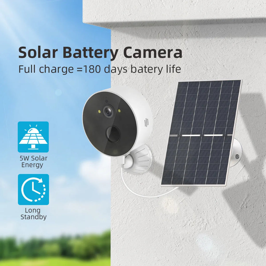 Solar-powered outdoor security camera with separate solar panel unit