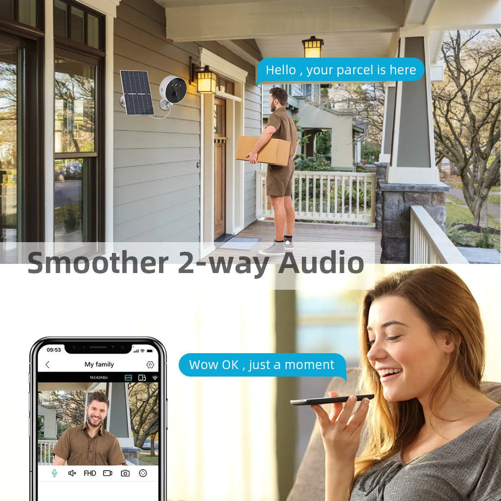 Solar-powered outdoor security camera with separate solar panel unit