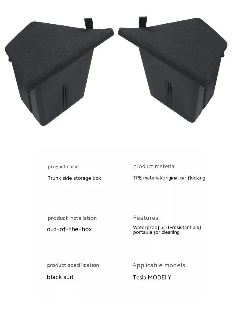TPE storage box covers for Tesla Model Y and Model 3 trunk side compartments.