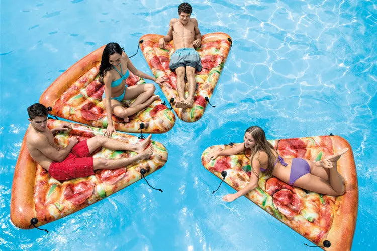 Large inflatable pizza-themed surfboard recliner floating in water