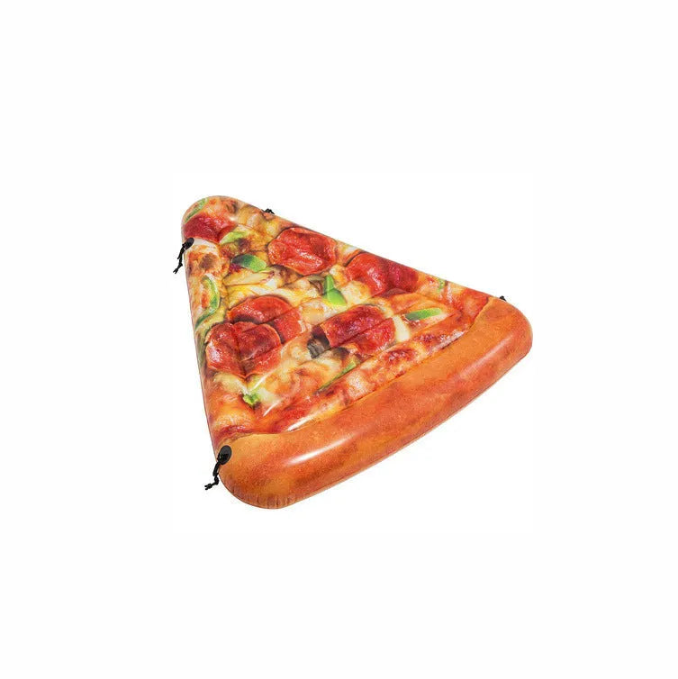 Large inflatable pizza-themed surfboard recliner floating in water