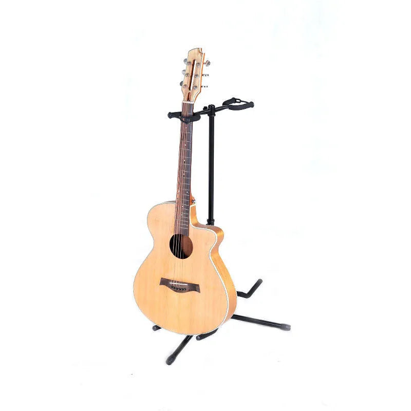 Black vertical double-headed adjustable guitar stand holding two guitars.