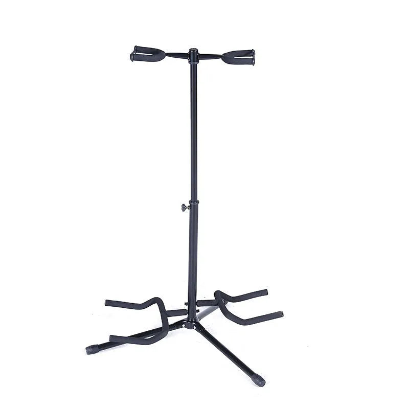 Black vertical double-headed adjustable guitar stand holding two guitars.