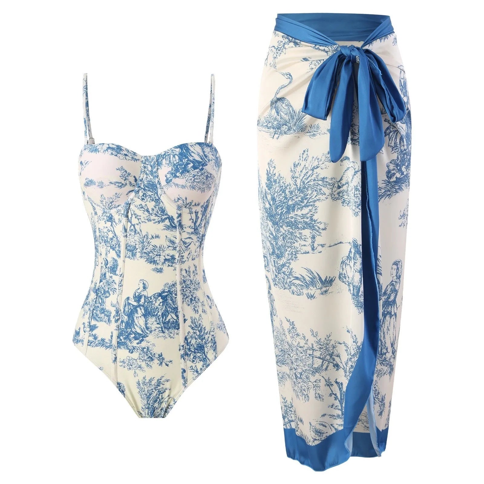 Blue women's one-piece swimsuit with a matching separate gauze skirt on a hanger.