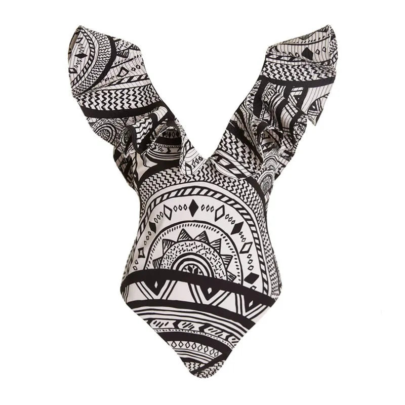 Women's vintage print one-piece swimsuit with deep V-neck and ruffled detailing in polyester fabric
