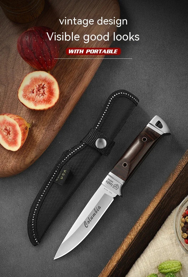 Camping portable fruit knife with stainless steel blade and brown leather sheath case
