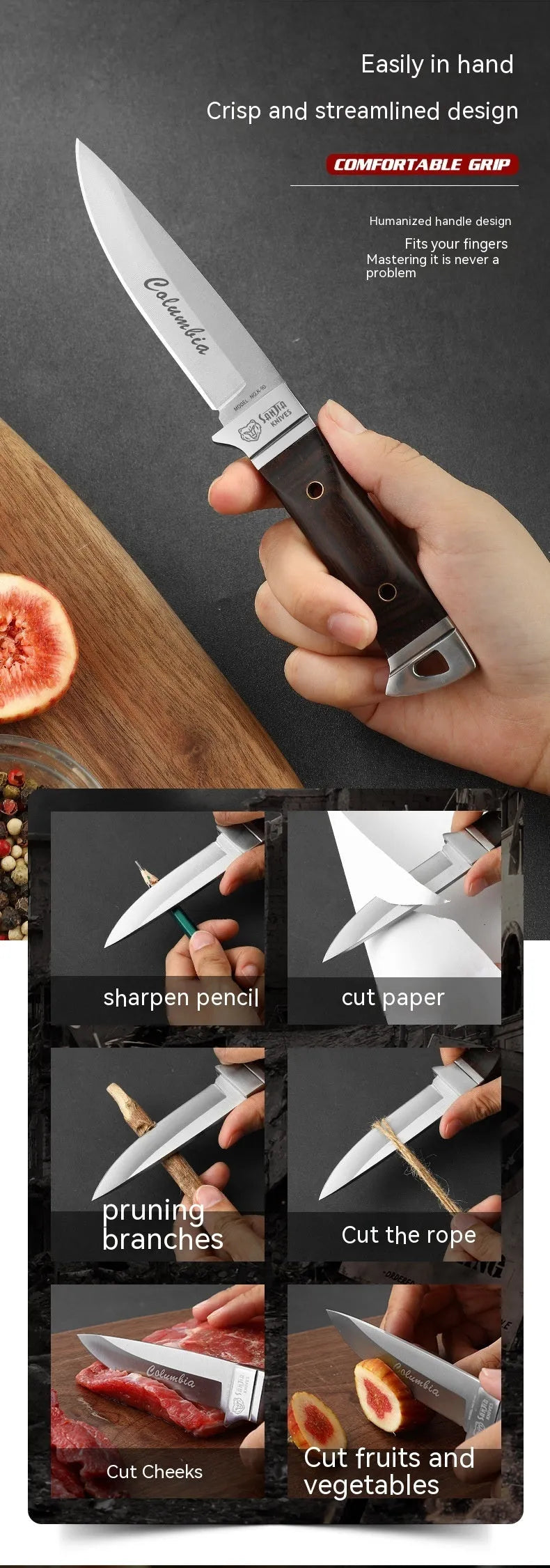 Camping portable fruit knife with stainless steel blade and brown leather sheath case