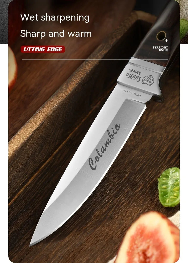 Camping portable fruit knife with stainless steel blade and brown leather sheath case
