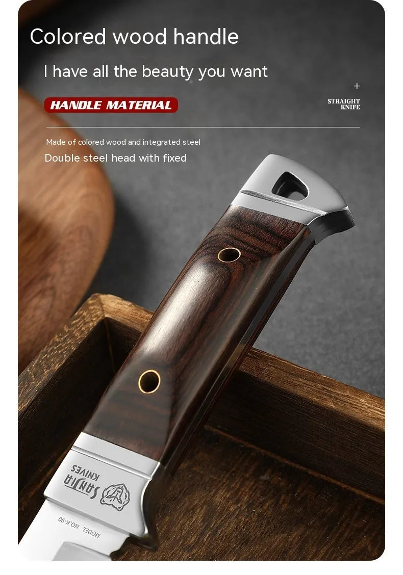 Camping portable fruit knife with stainless steel blade and brown leather sheath case
