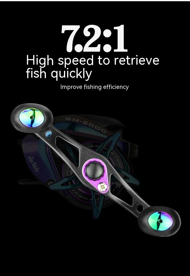 Colourful BM2000 size fishing reel with water drop wheel and magnetic brake system.