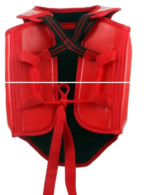 Red adult boxing helmet on a white background, showing one-piece PU construction.
