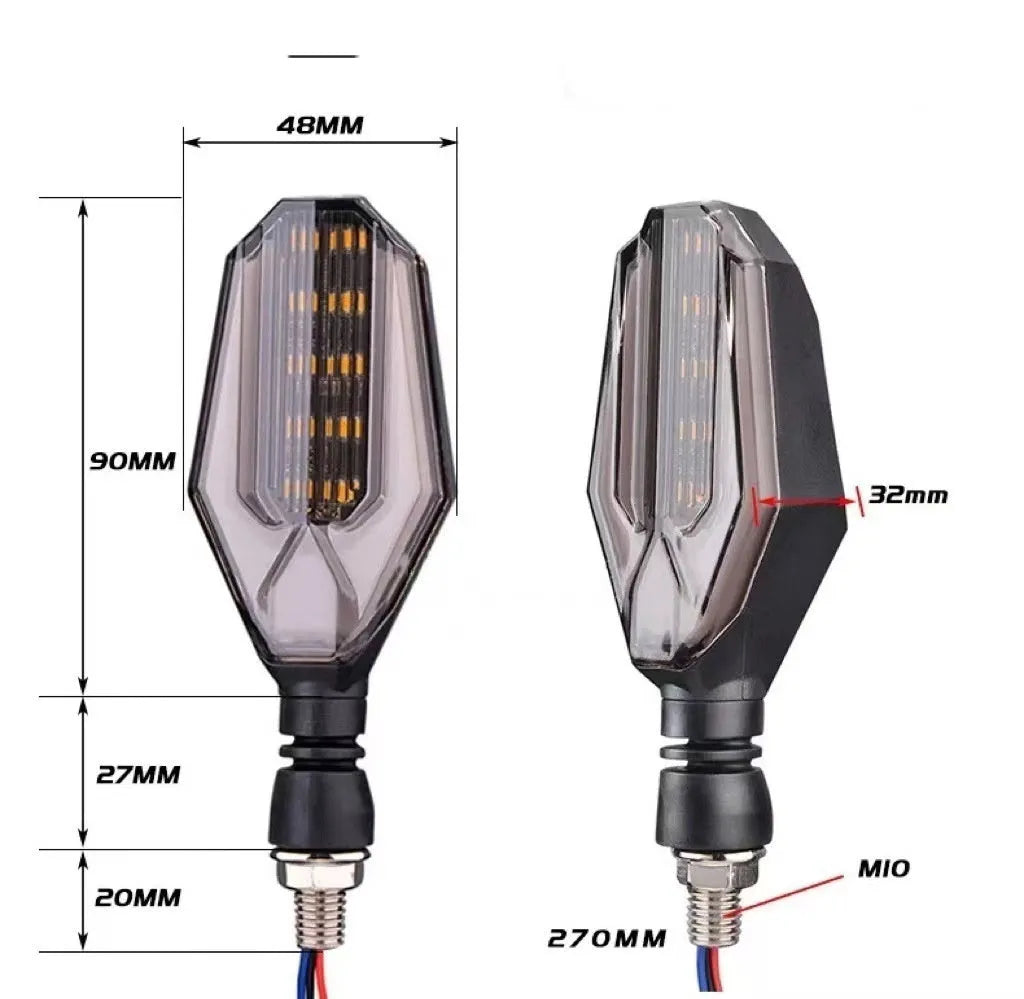 Pair of motorcycle indicator lights with coloured light guides on a black ABS acrylic housing.