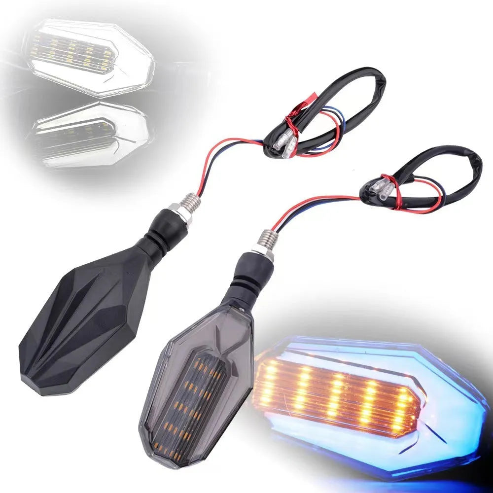 Pair of motorcycle indicator lights with coloured light guides on a black ABS acrylic housing.