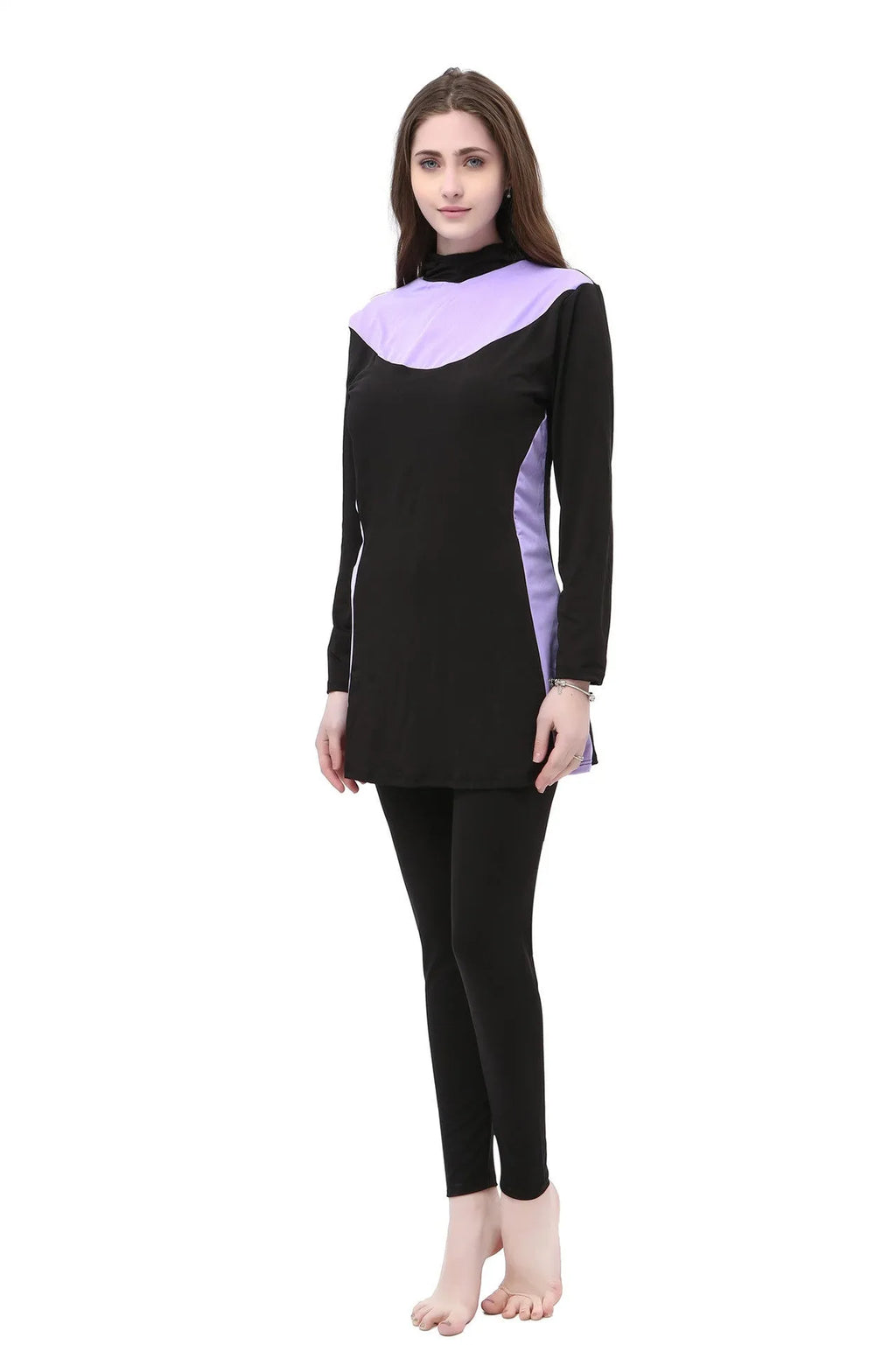 Conservative long sleeve hooded swimsuit for women, shown as a black top and pants set.