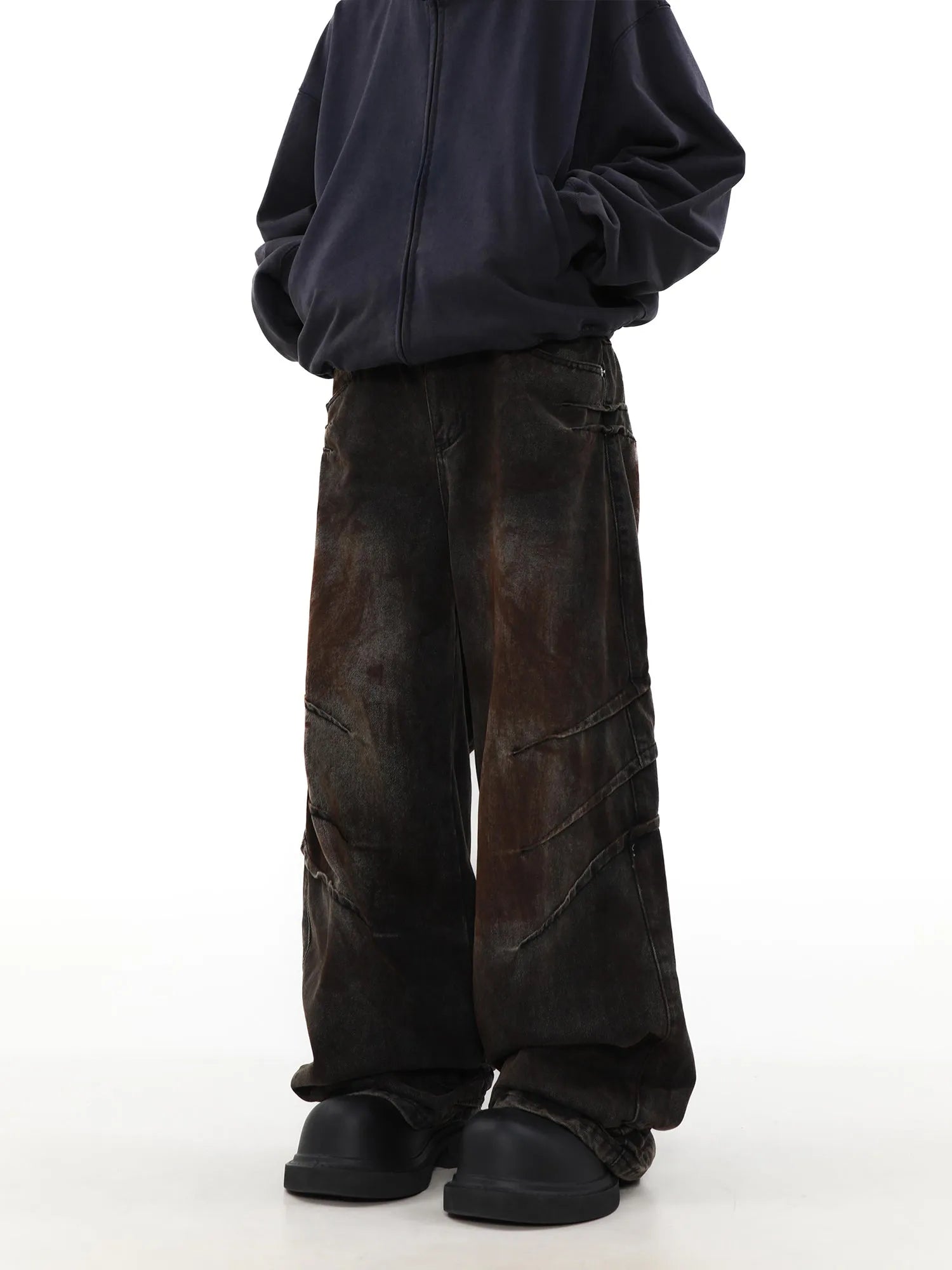Men's distressed baggy straight jeans in rust colour denim with zipper fly