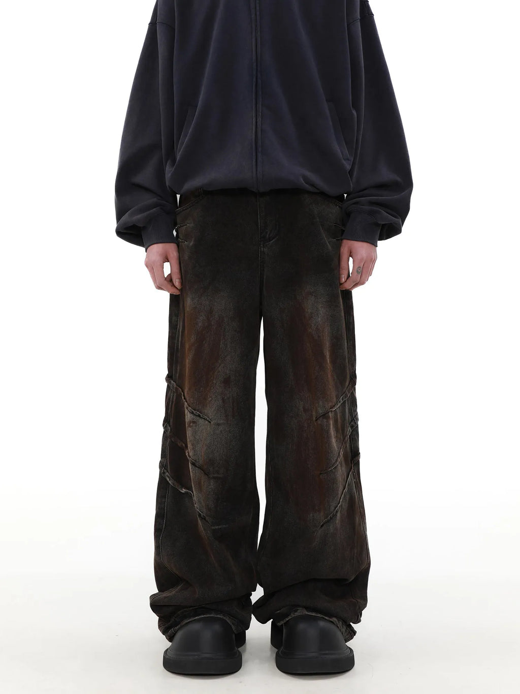 Men's distressed baggy straight jeans in rust colour denim with zipper fly