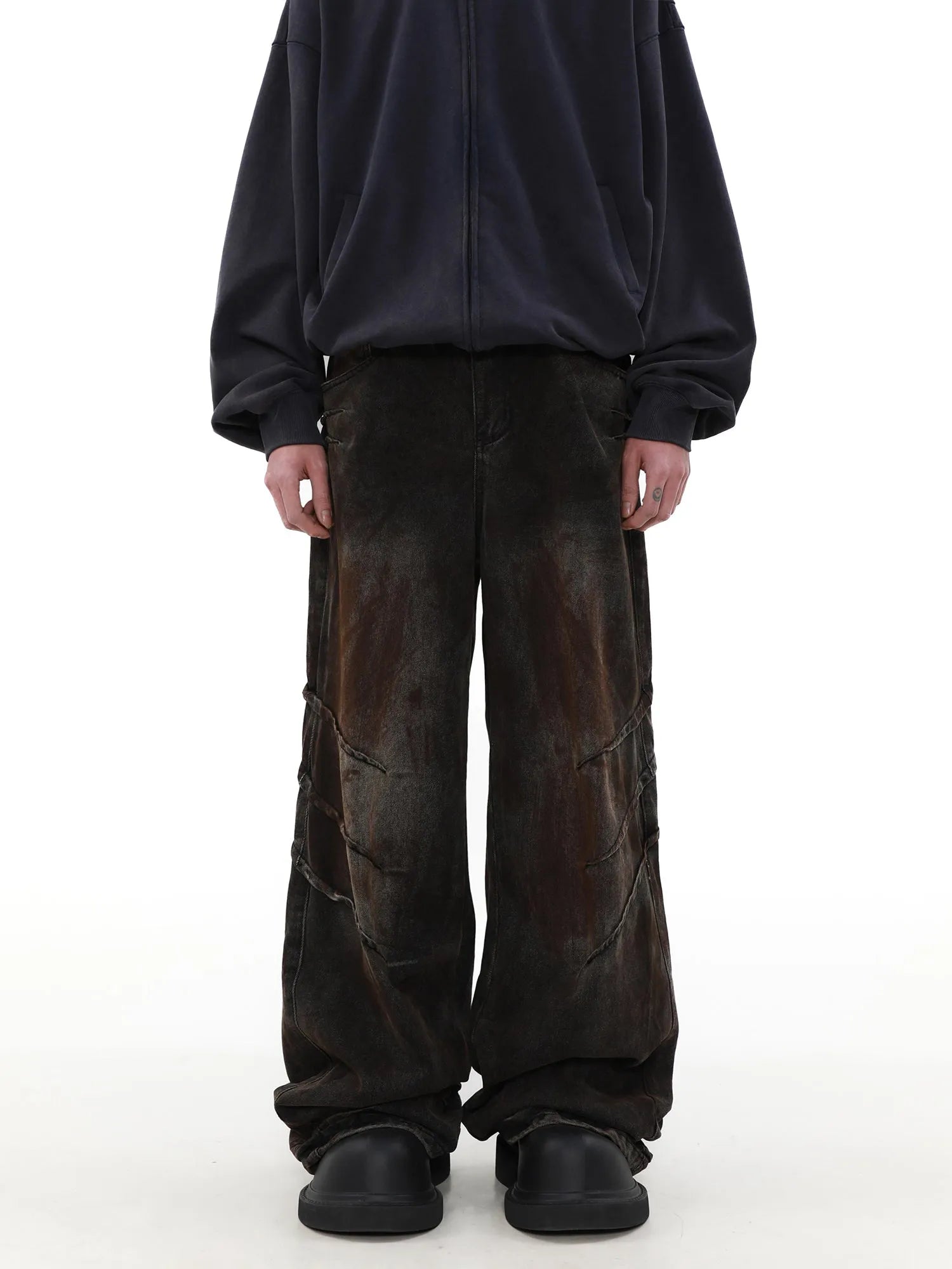 Men's distressed baggy straight jeans in rust colour denim with zipper fly