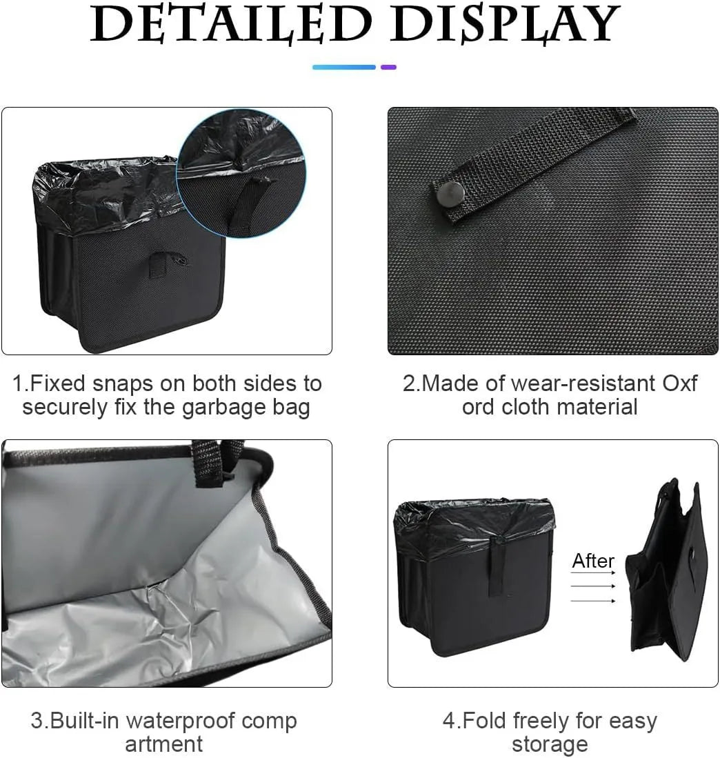 Black foldable car hanging trash can made from Oxford cloth, shown with dimensions.