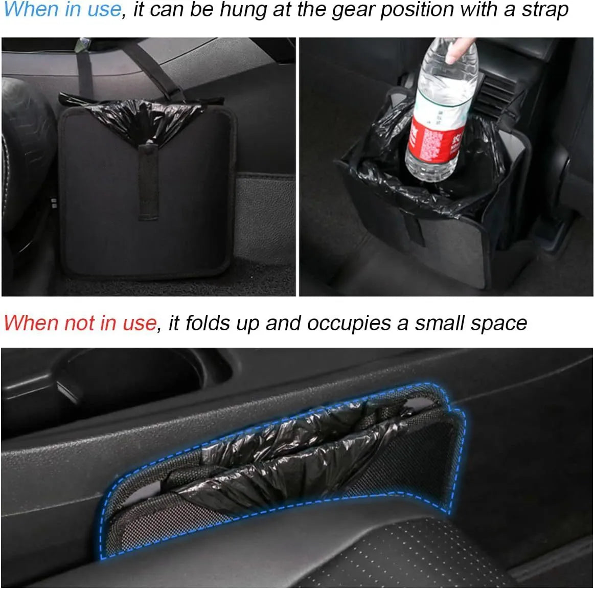Black foldable car hanging trash can made from Oxford cloth, shown with dimensions.