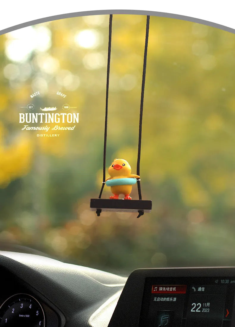 Yellow plastic duck car hanging ornament in four cartoon design styles.