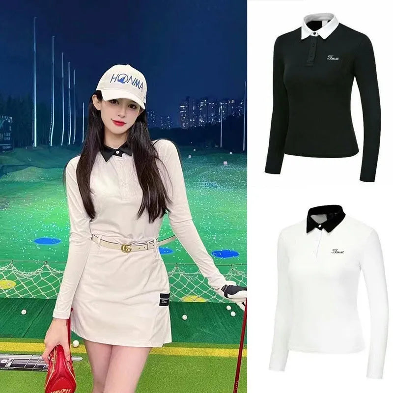 Women's long sleeve golf top in white polyester fabric for sun protection during outdoor sports