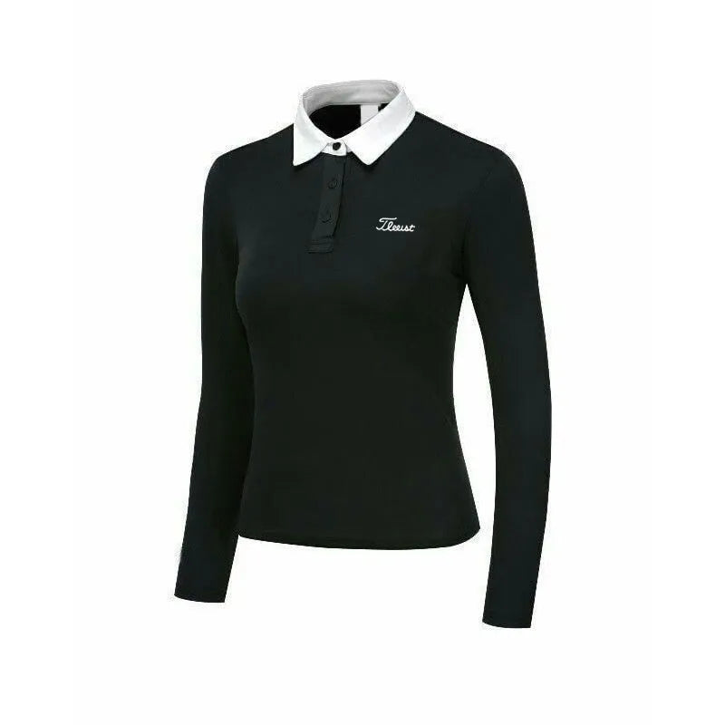 Women's long sleeve golf top in white polyester fabric for sun protection during outdoor sports