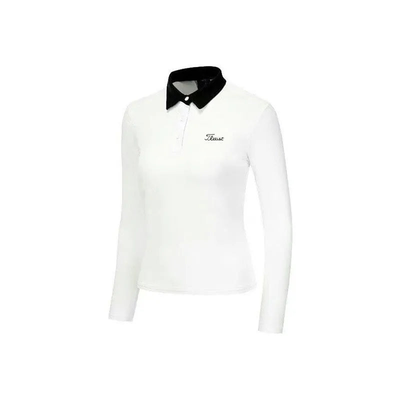 Women's long sleeve golf top in white polyester fabric for sun protection during outdoor sports