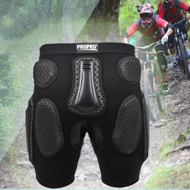 Black cycling hip pad protective pants with adjustable waistband for mountain biking and motocross