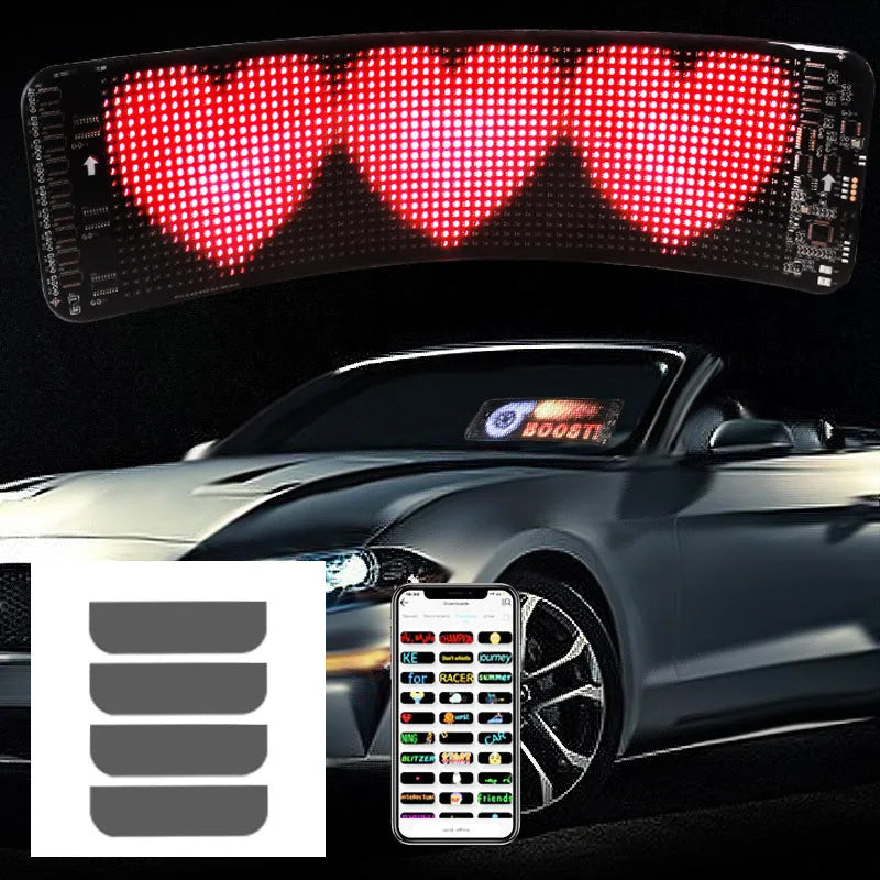 Black flexible Bluetooth LED screen for car rear windshield measuring 49.2 × 110cm