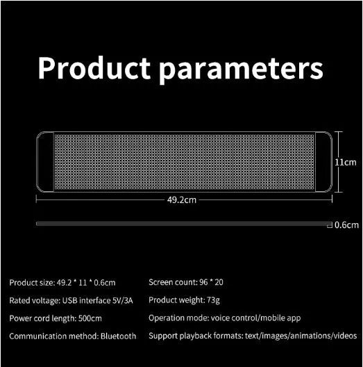 Black flexible Bluetooth LED screen for car rear windshield measuring 49.2 × 110cm