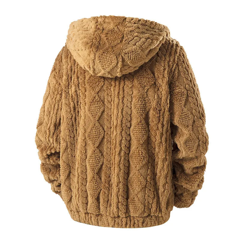Men's hooded fleece zip-up jacket in corduroy fabric with fleece lining, black colour, full front zip