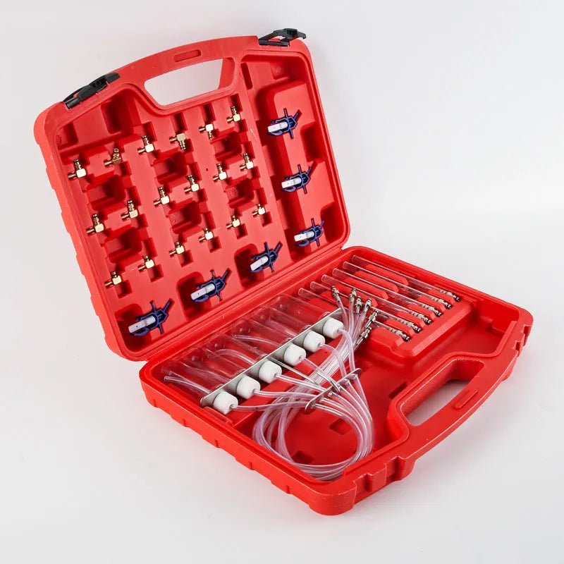 Brass and plastic fuel injection flow meter detection tool with oil return measuring instrument
