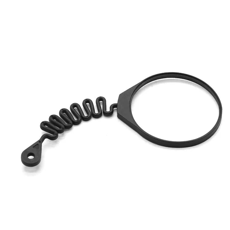 Black rubber fuel cap tether for Volvo vehicles, showing circle band and separate rope design options.