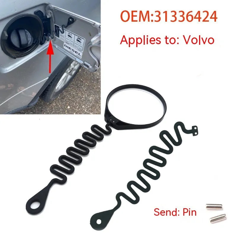Black rubber fuel cap tether for Volvo vehicles, showing circle band and separate rope design options.